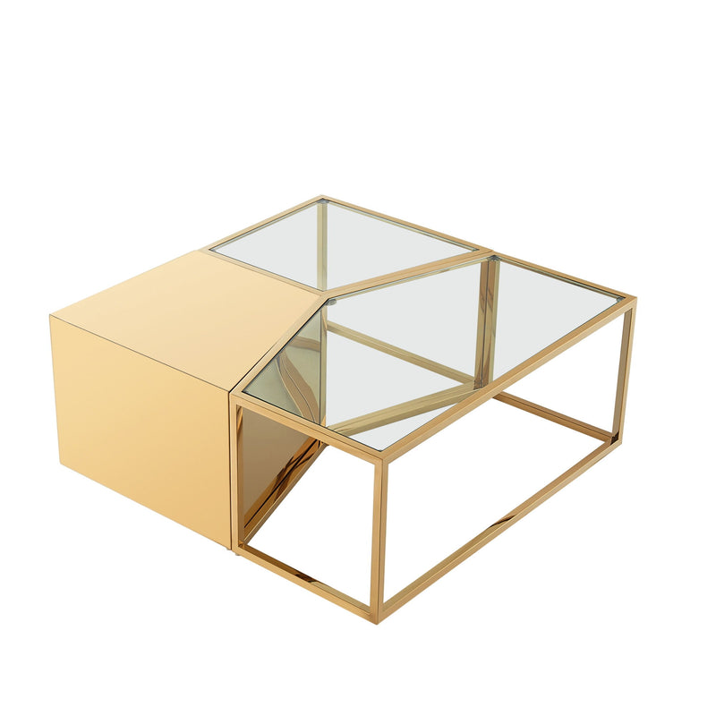 Glass And Stainless Steel Square Mirrored Bunching Coffee Tables (Set of 3) - Clear And Gold