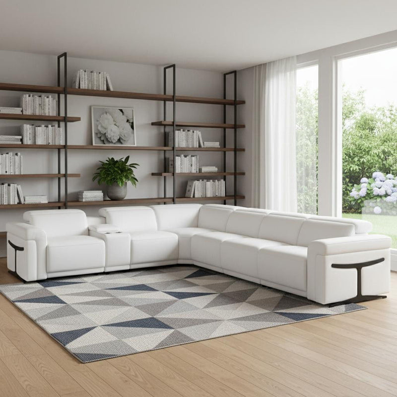 Italian Leather Modular L-Shaped Seven Piece Corner Sectional With Console - White