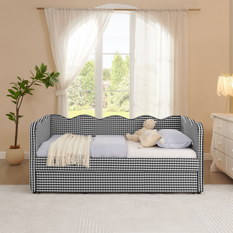 Gingham Daybed With USB Charging Port, Wave Shaped Design