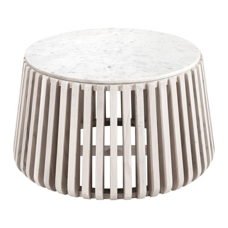 34" Genuine Marble And Wood Round Drum Coffee Table - White And Natural
