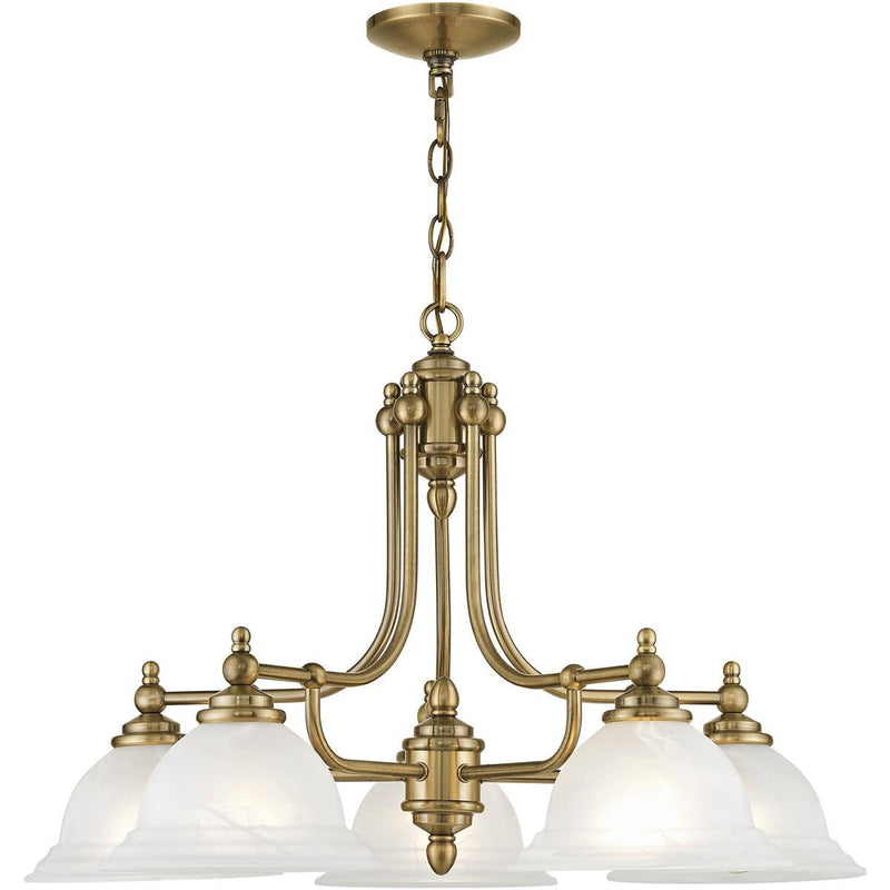 Five Light Metal Dimmable Chandelier With Shades - Antiqued Brass / White