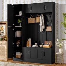 Load image into Gallery viewer, Tall Hall Tree With Shoe Storage, 4 In 1 Entryway Bench With 6 Cabinets, 4 Coat Hooks &amp; Adjustable Shelf For Hallway - Black
