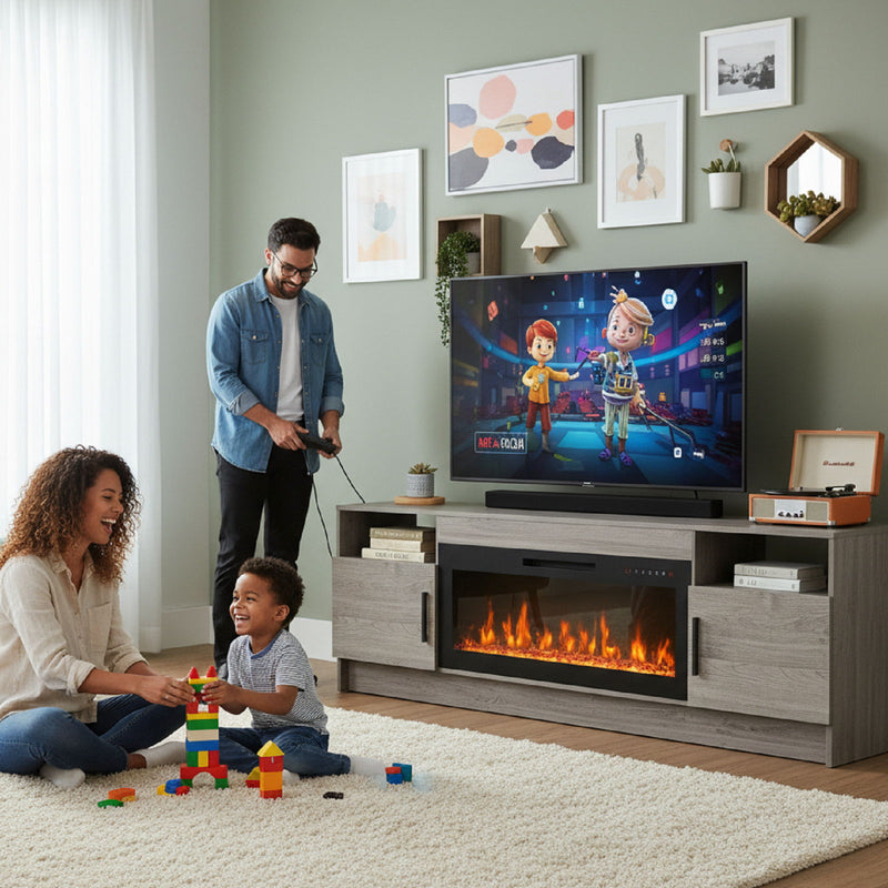 Wood Fireplace Entertainment Center With Fireplace - Gray