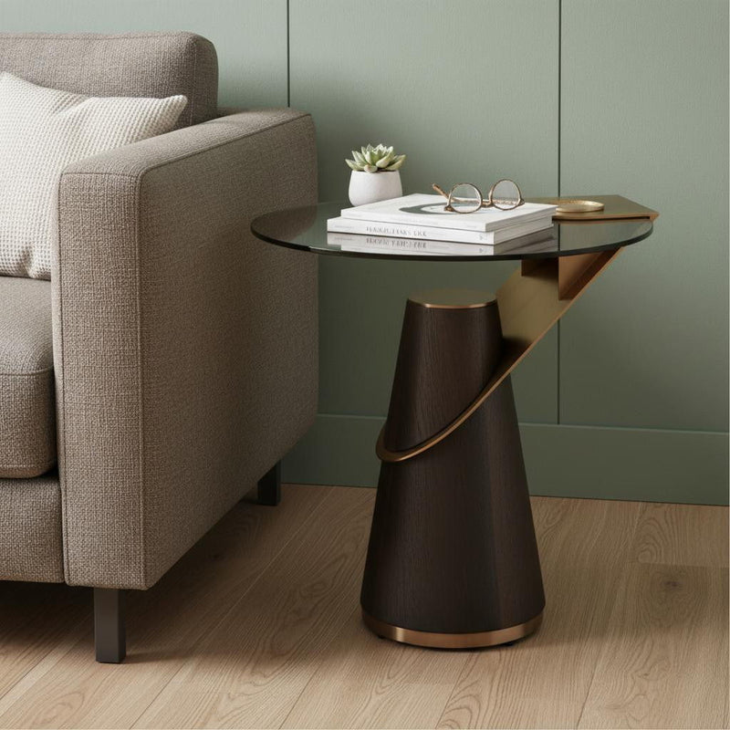 Glass Stainless Steel Solid Wood Round Pedestal End Table - Clear / Rose / Gold