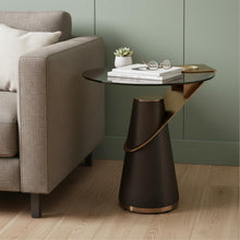 Load image into Gallery viewer, Glass Stainless Steel Solid Wood Round Pedestal End Table - Clear / Rose / Gold
