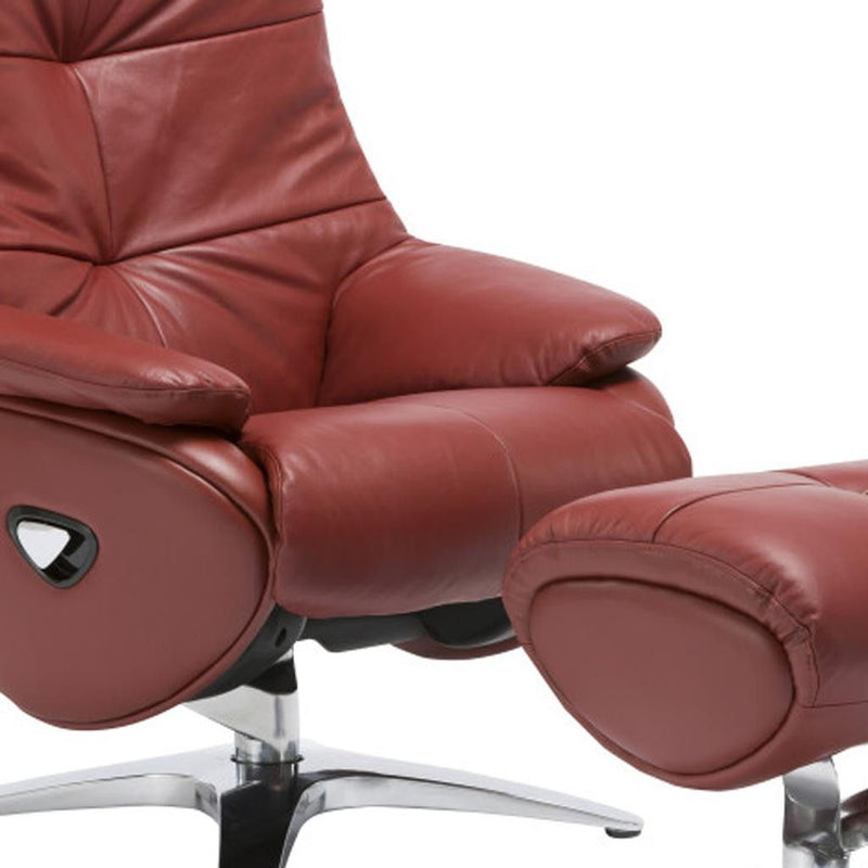 Tufted Genuine Leather Manual Swivel Recliner With Ottoman - Red