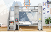 Load image into Gallery viewer, Metal Twin over Twin Castle-shaped Bunk Bed with Wardrobe and Multiple Storage, Gray+White
