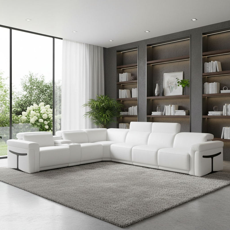 Italian Leather Modular L Shaped Seven Piece Corner Sectional With Console - White