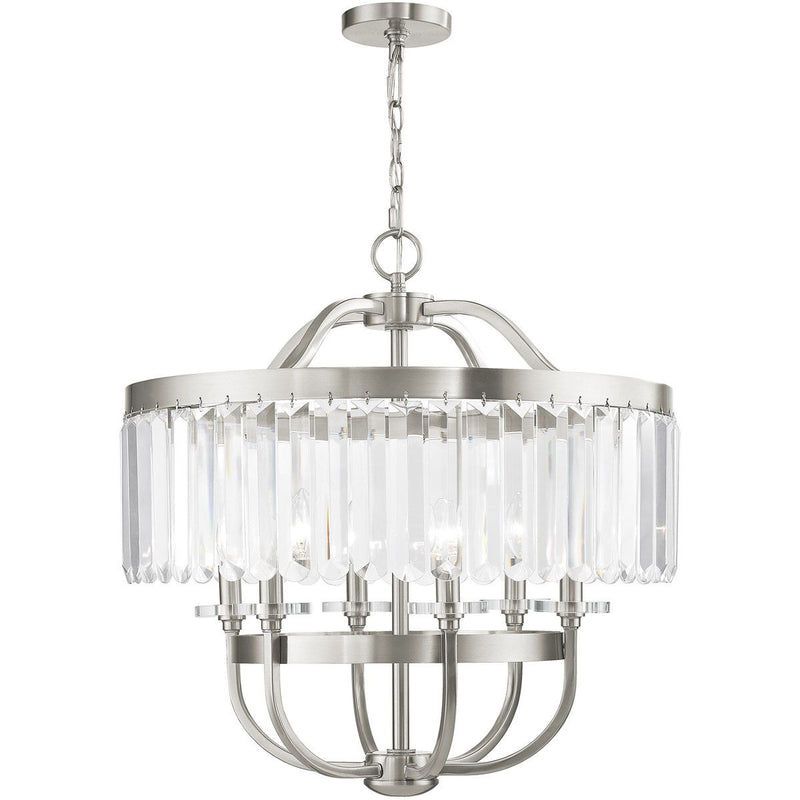 25" Six Light Metal Dimmable Chandelier With Shades - Nickel / Clear