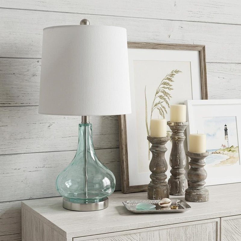 Translucent Gourd Table Lamp With Drum Shade - Teal Blue
