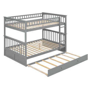 Full over Full Bunk Bed with Twin Size Trundle, Convertible Beds, Gray