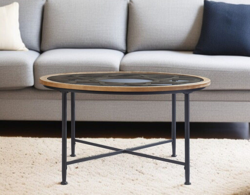 Floral Design Glass Top Round Coffee Table - Light Brown
