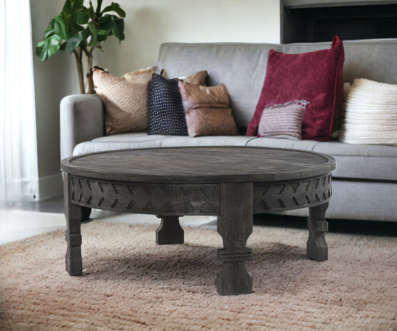 Carved Round Wooden Coffee Table - Black