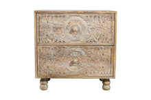 Load image into Gallery viewer, 24" Two Drawer Distressed Carved Floral Solid Wood Nightstand - Natural
