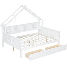 Load image into Gallery viewer, House Style Platform Bed With LED Lights, Storage Shelves, Drawers, And Guardrail
