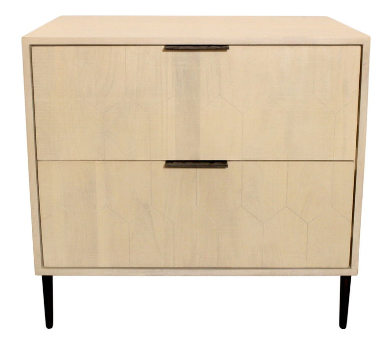 28" Solid Wood Distressed Carved Geometric Two Drawer Nightstand - Natural