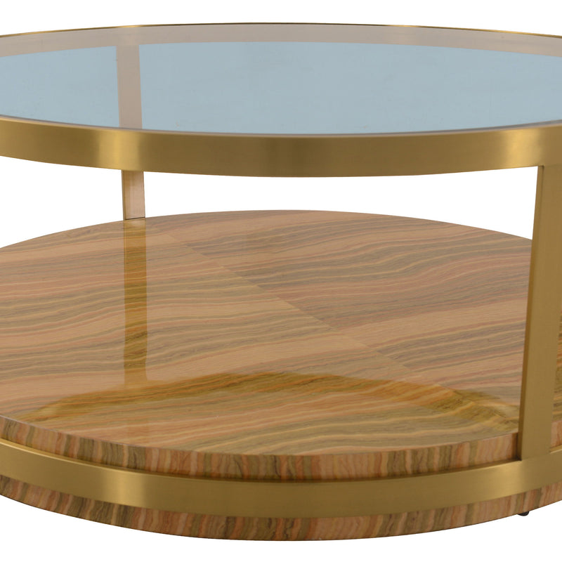 Glass Wood And Metal Round Coffee Table With Shelf - Clear Gold And Brown