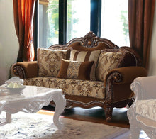 Load image into Gallery viewer, Loveseat And Toss Pillows - Brown Damask Chesterfield
