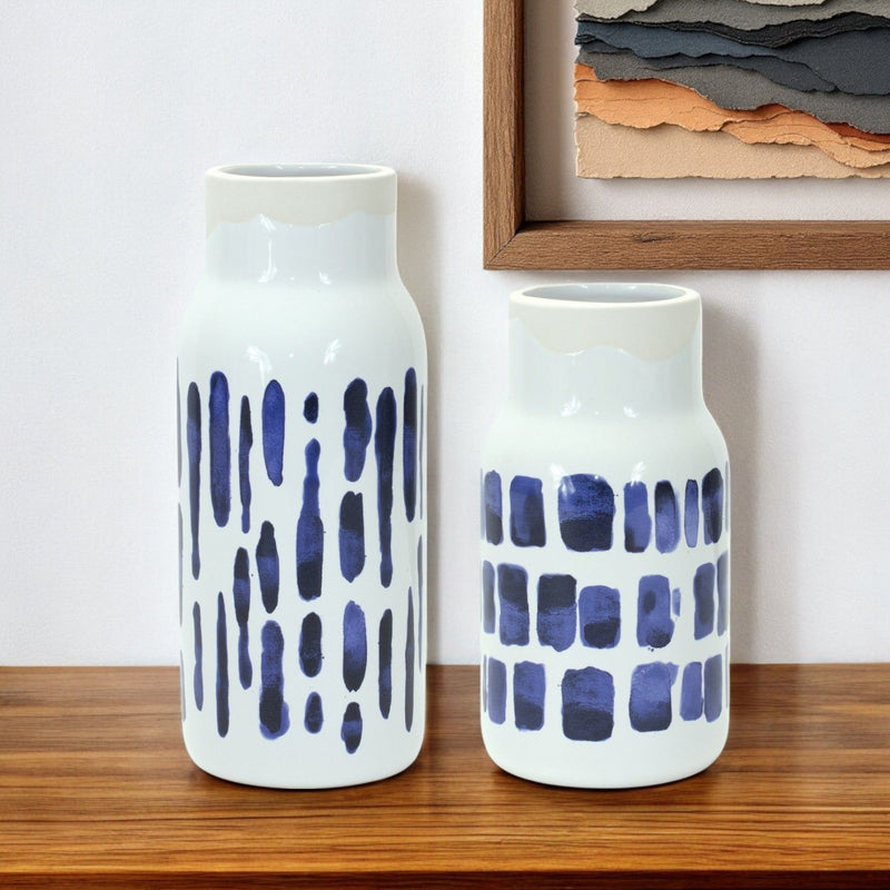 Abstract Cylinder Table Vase (Set of 2) - Blue / White