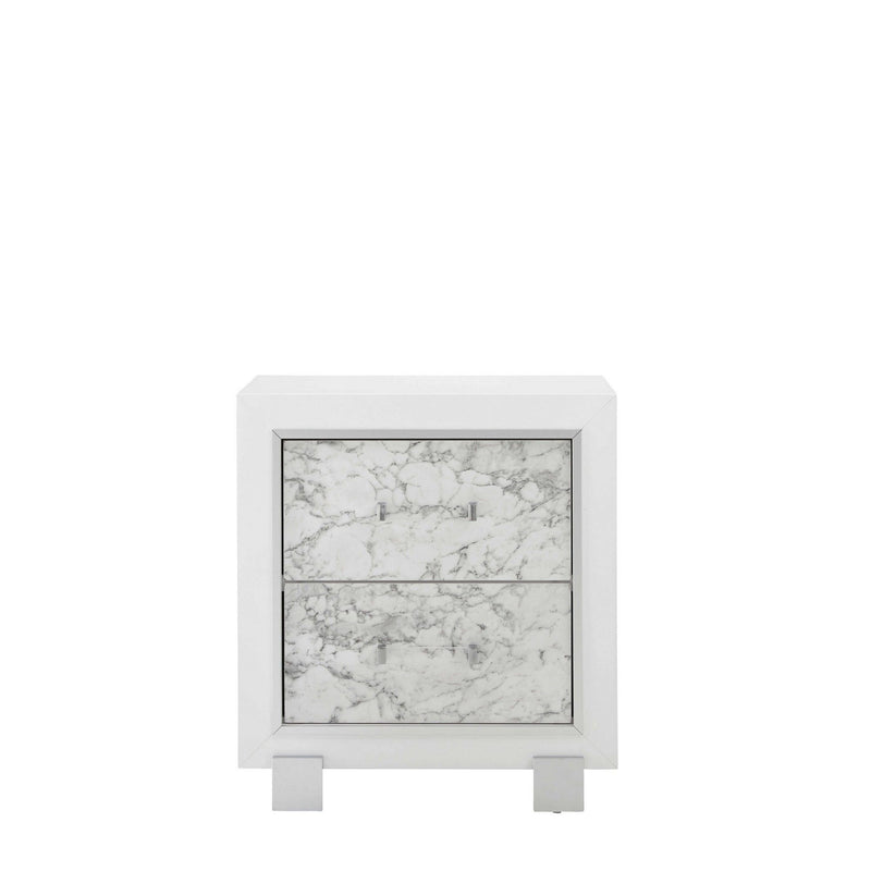 Modern Nightstand With 2 Faux Marble Detailed Front Drawer. - White