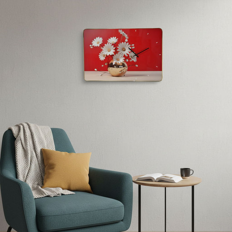 Silent Daisies Floral Wall Clock - Gold / Red / White