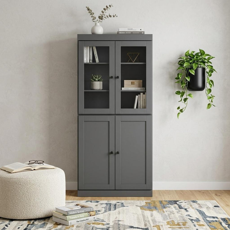 Solid Wood Adjustable Six Tier Library Bookcase With Four Doors (751507) - Gray