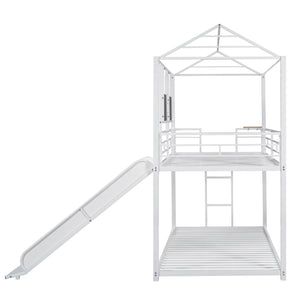 Twin Over Twin Metal Bunk Bed ,Metal Housebed With Slide,Three Colors Available.(White with White  Slide)(OLD SKU :LP000095AAK)