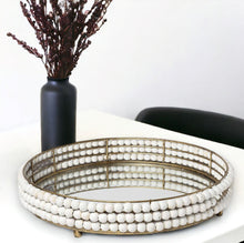 Load image into Gallery viewer, 22" Metal Wood And Mirrored Glass Round Vanity Tray - Antiqued Gold / White
