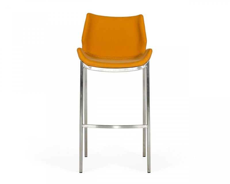 Faux Leather And Steel Low Back Bar Height Bar Chairs (Set of 2) - Orange And Silver