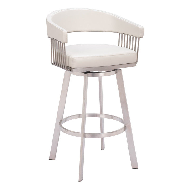 Faux Leather And Stainless Steel Bar Height Swivel Bar Chair - White And Silver