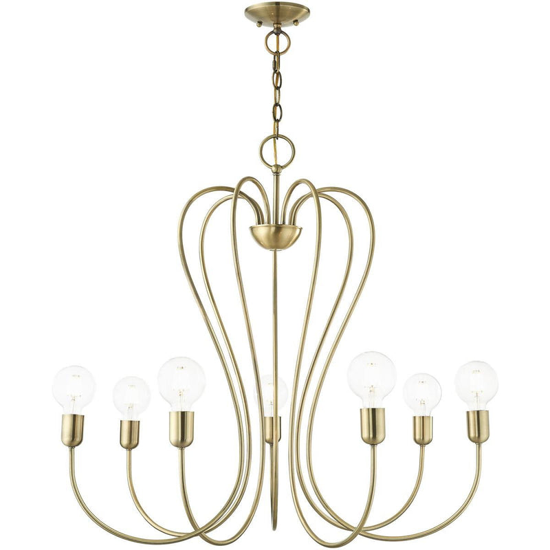 29" Seven Light Dimmable Chandelier With Shades - Antiqued Brass