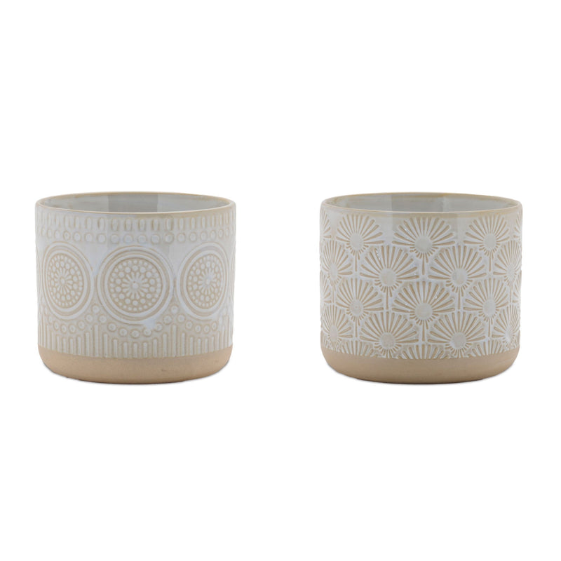 Porcelain Geometric Round Pot Planters (Set of 2) - Beige / White