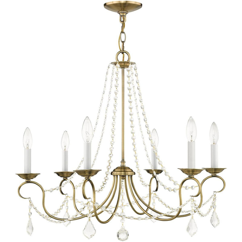 24" Six Light Dimmable Chandelier With Shades - Antiqued Brass