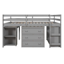 Load image into Gallery viewer, Low Study Full Loft Bed with Cabinet ,Shelves and Rolling Portable Desk ,Multiple Functions Bed- Gray
