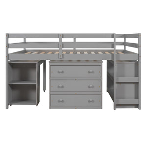 Low Study Full Loft Bed with Cabinet ,Shelves and Rolling Portable Desk ,Multiple Functions Bed- Gray