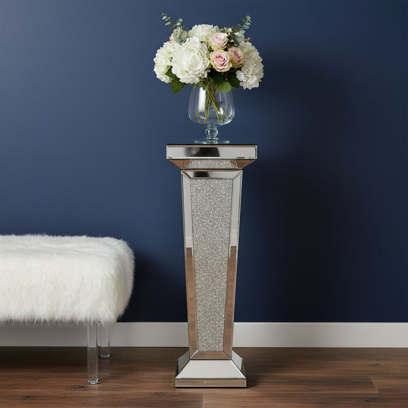 Mirrored Glass Faux Crystals Pedestal Accent Table - Silver