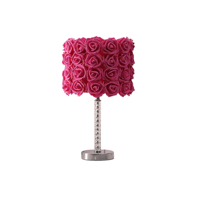 Bedside LED Table Lamp With Red Flowers Drum Shade - Silver