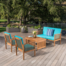 Load image into Gallery viewer, Outdoor Acacia Wood Sofa Set with Water Resistant Cushions, 4-Pcs Set, Brown Patina / Teal
