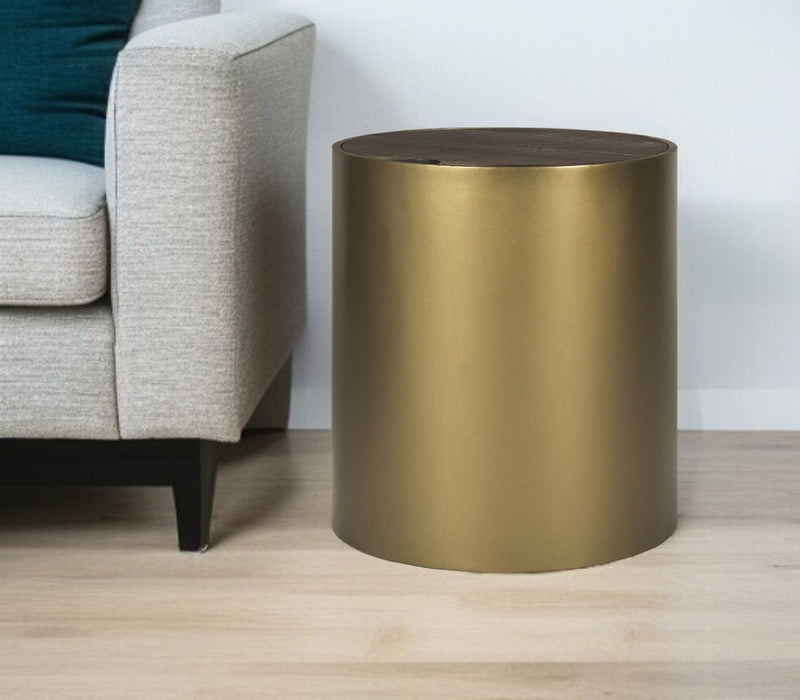 22" Antiqued Metal And Solid Wood Drum End Table With Storage - Gold