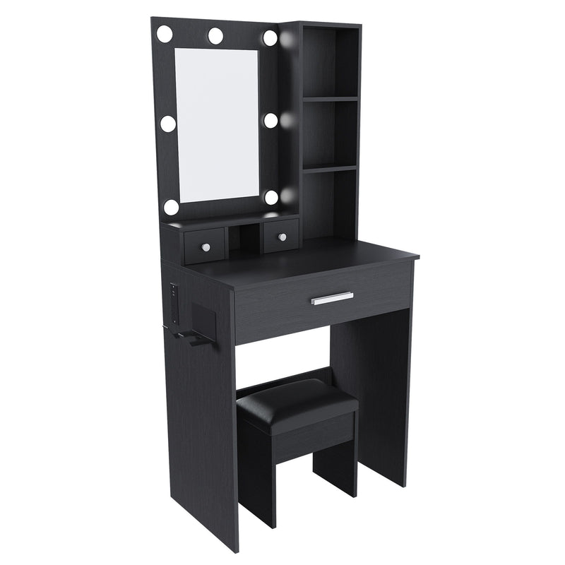 Wood Mirrored Three Drawer Vanity Table Lights - Black