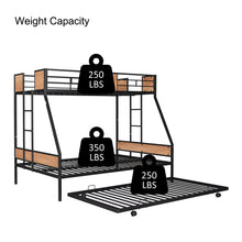 Load image into Gallery viewer, Metal Twin over Full Bunk Bed with Trundle/ Heavy-duty Sturdy Metal/ Noise Reduced/ Safety Guardrail/ Wooden Decoration/ Convenient Trundle / Bunk Bed for Three/ CPC Certified/ No Box Spring Needed
