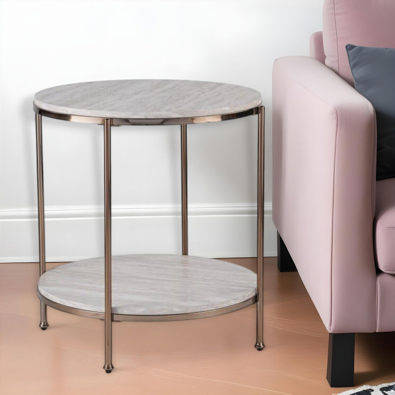 Faux Marble And Iron Round End Table With Shelf - Champagne