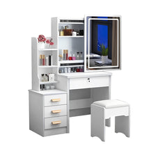 Load image into Gallery viewer, Vanity Desk With Mirror And Lights For Makeup And Chair Set With 3 Adjustable LED Lighting, 4 Drawers - White

