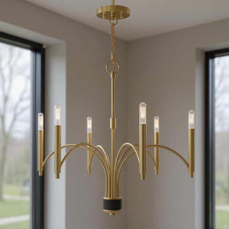 24" Six Light Dimmable Chandelier With Shades - Brass