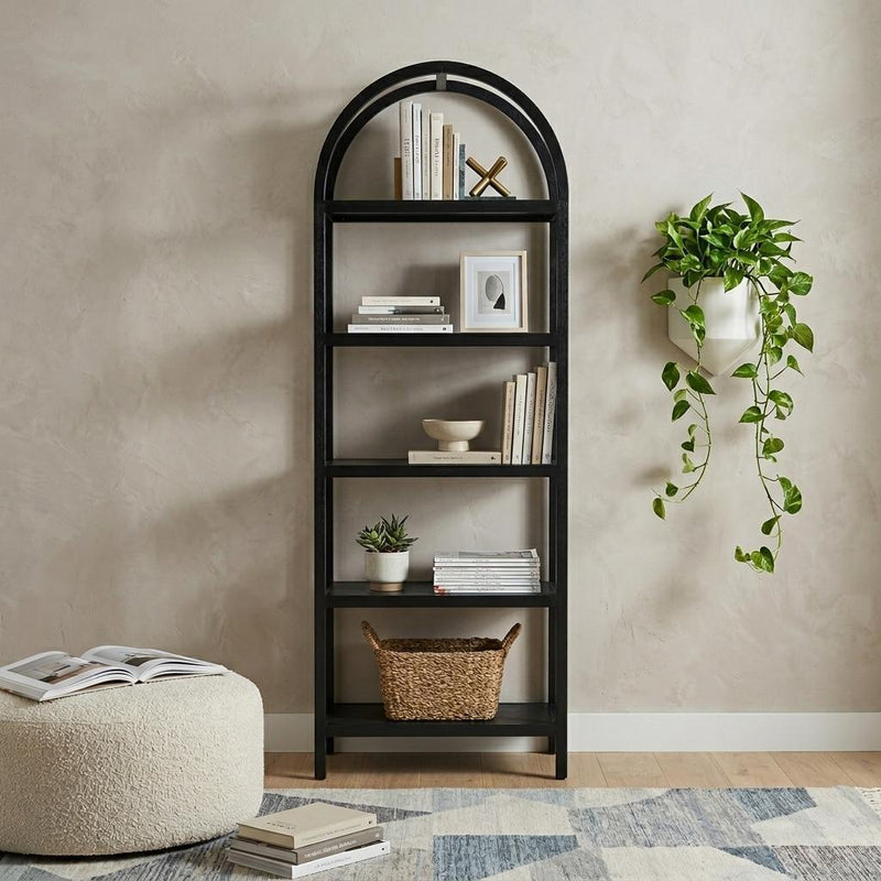 Five Tier Arched Top Bookcase - Black / Oak