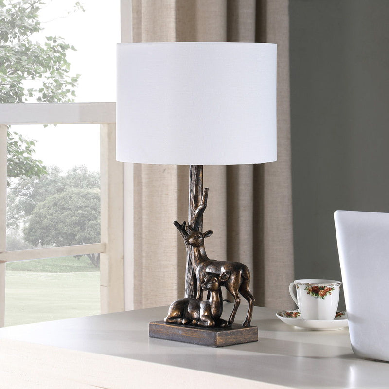 Mom And Baby Deer Table Lamp With White Drum Shade - Bronze