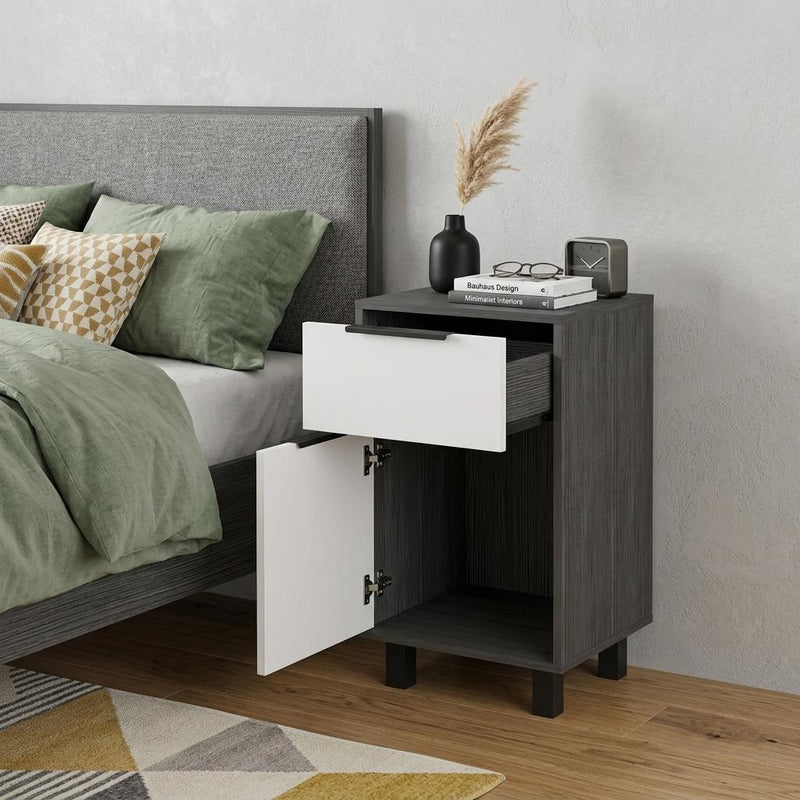 Wood One Drawer Nightstand - Dark Gray And White