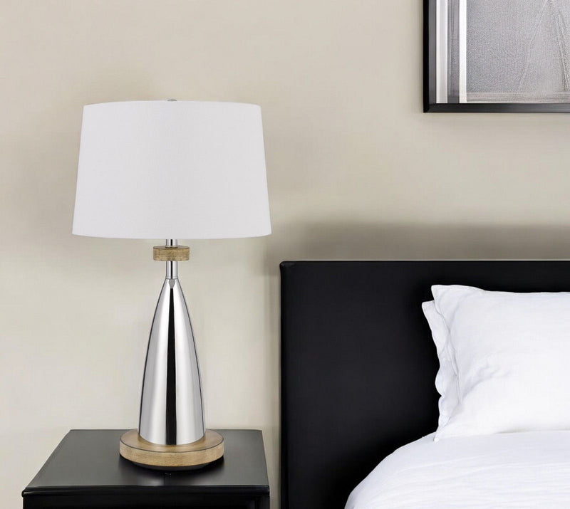 Metal Geometric USB Table Lamp With White Empire Shade - Brown