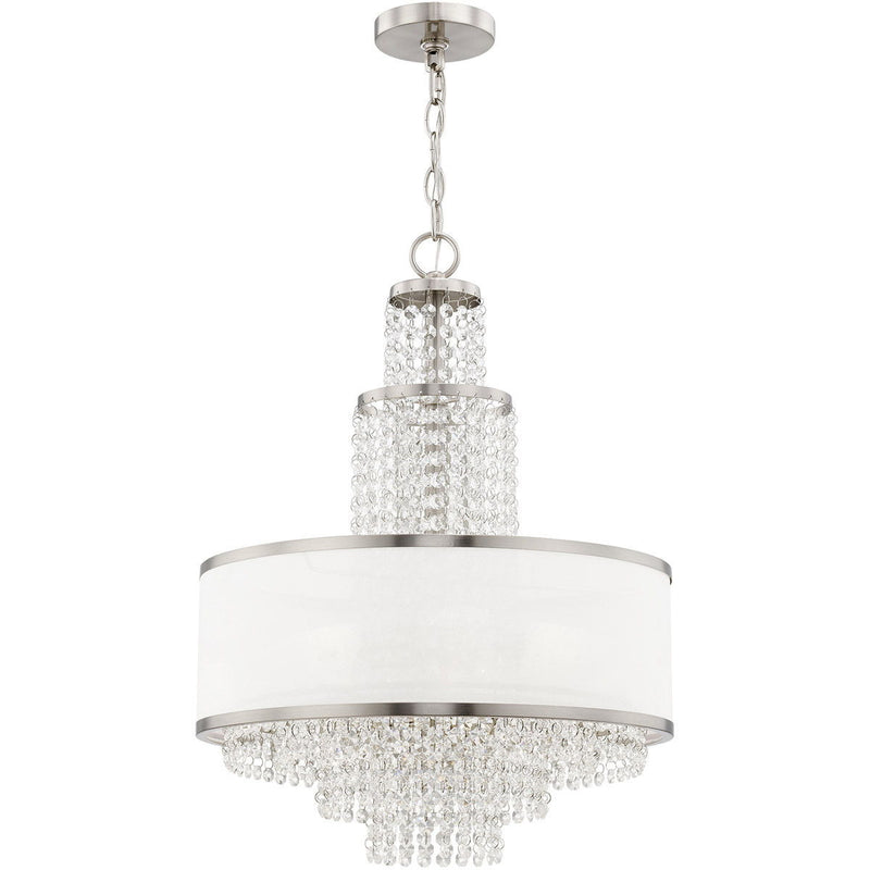 Five Light Metal Dimmable Chandelier With Shades - Nickel / Clear / Off White