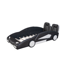 Load image into Gallery viewer, Race Car Shaped Twin Platform Bed With Wheels, Pine Wood Construction
